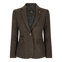 Blazer feminino em tweed espinha de peixe marrom, estilo vintage anos 1920, clássico e elegante.