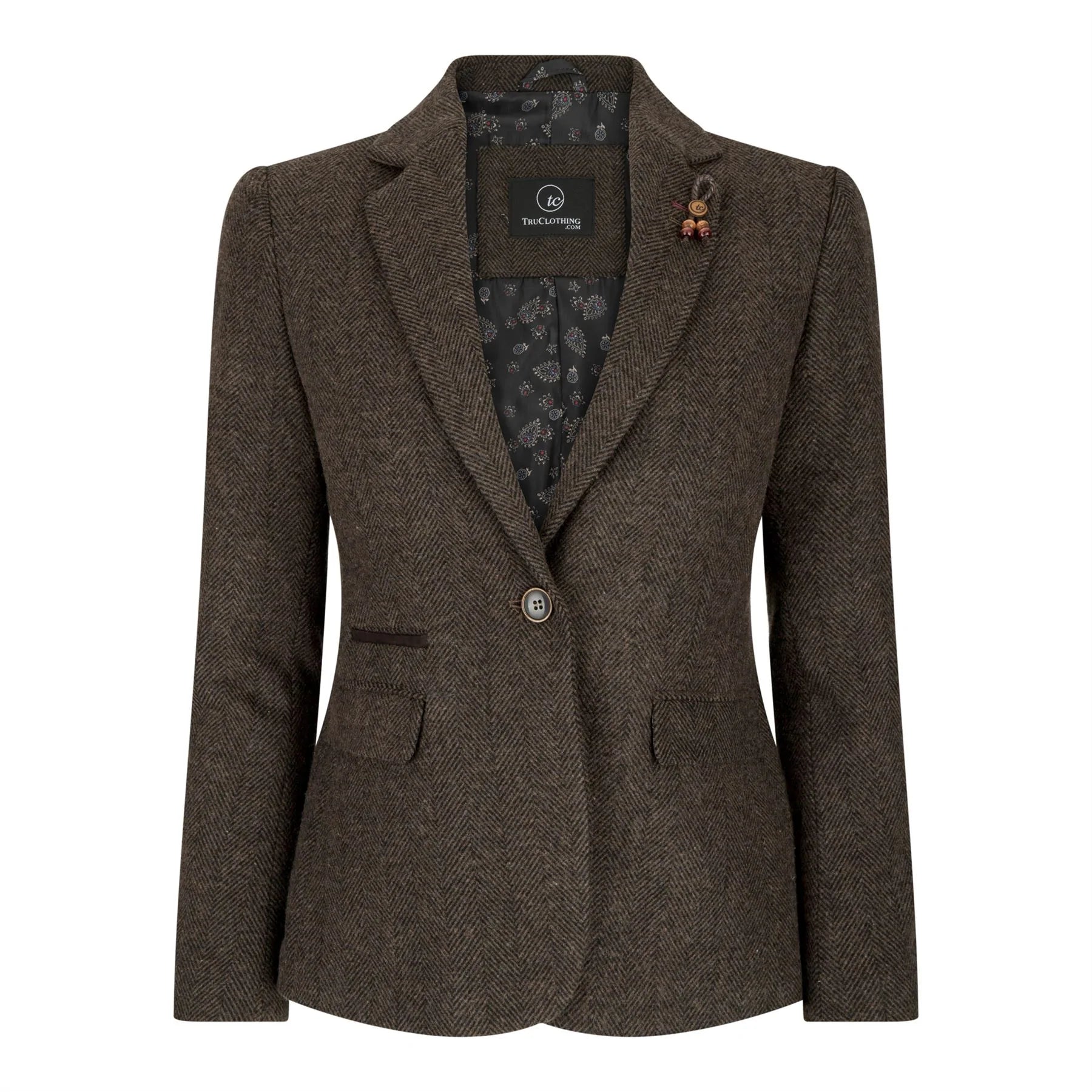 Blazer feminino em tweed espinha de peixe marrom, estilo vintage anos 1920, clássico e elegante.