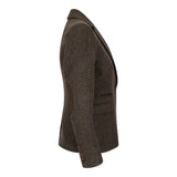Blazer feminino em tweed espinha de peixe marrom, estilo vintage anos 1920, clássico e elegante.