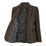 Blazer feminino em tweed espinha de peixe marrom, estilo vintage anos 1920, clássico e elegante.