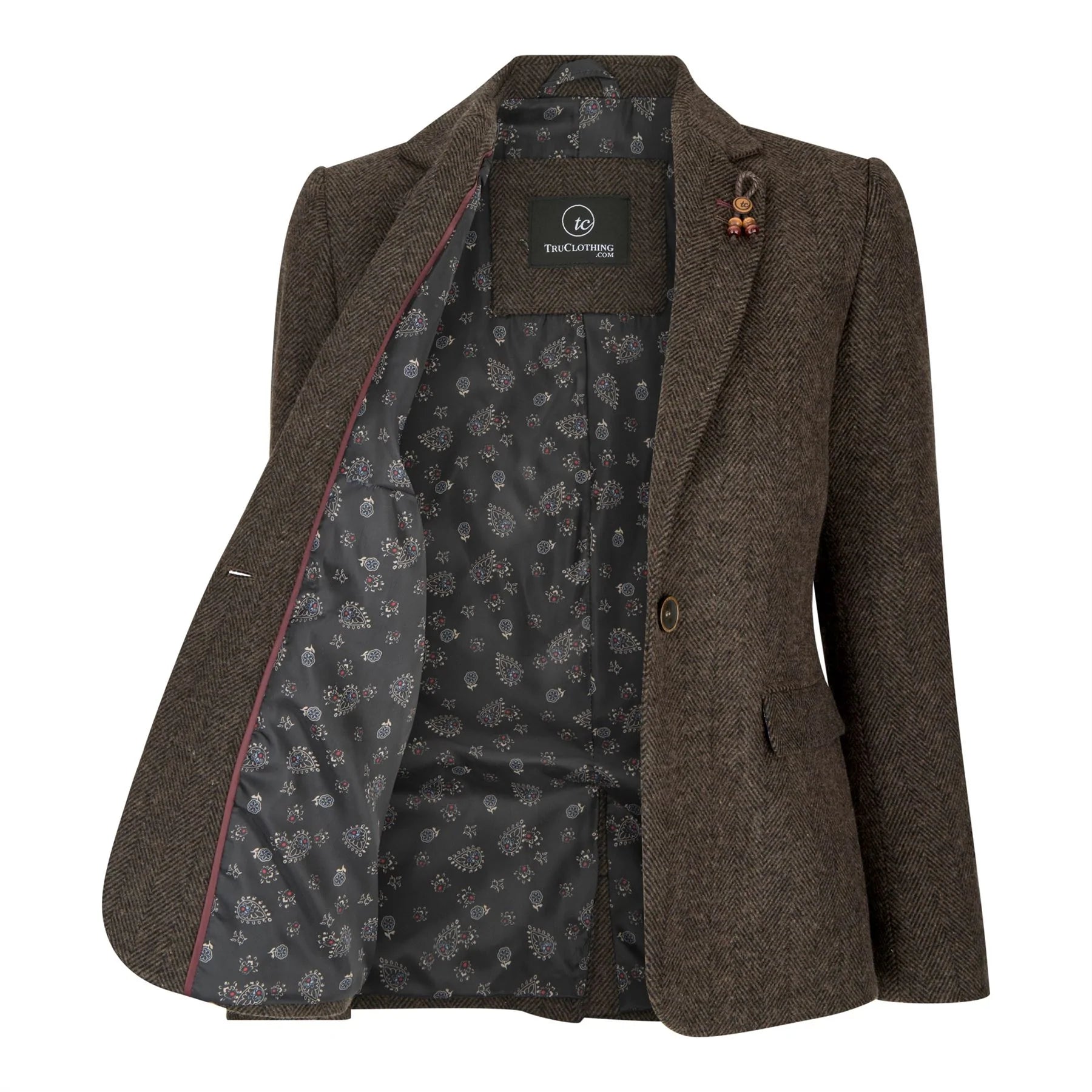 Blazer feminino em tweed espinha de peixe marrom, estilo vintage anos 1920, clássico e elegante.