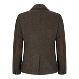 Blazer feminino em tweed espinha de peixe marrom, estilo vintage anos 1920, clássico e elegante.