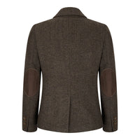 Blazer feminino em tweed espinha de peixe marrom, estilo vintage anos 1920, clássico e elegante.