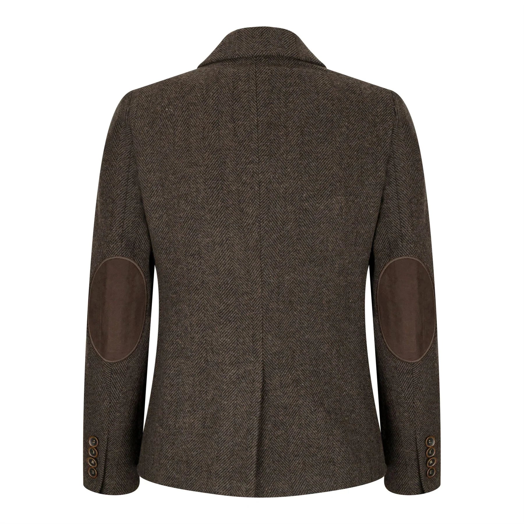 Blazer feminino em tweed espinha de peixe marrom, estilo vintage anos 1920, clássico e elegante.
