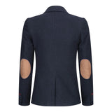 Blazer feminino clássico vintage dos anos 1920 em lã tweed com cotoveleiras, azul.