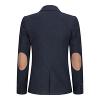Blazer feminino clássico vintage dos anos 1920 em lã tweed com cotoveleiras, azul.