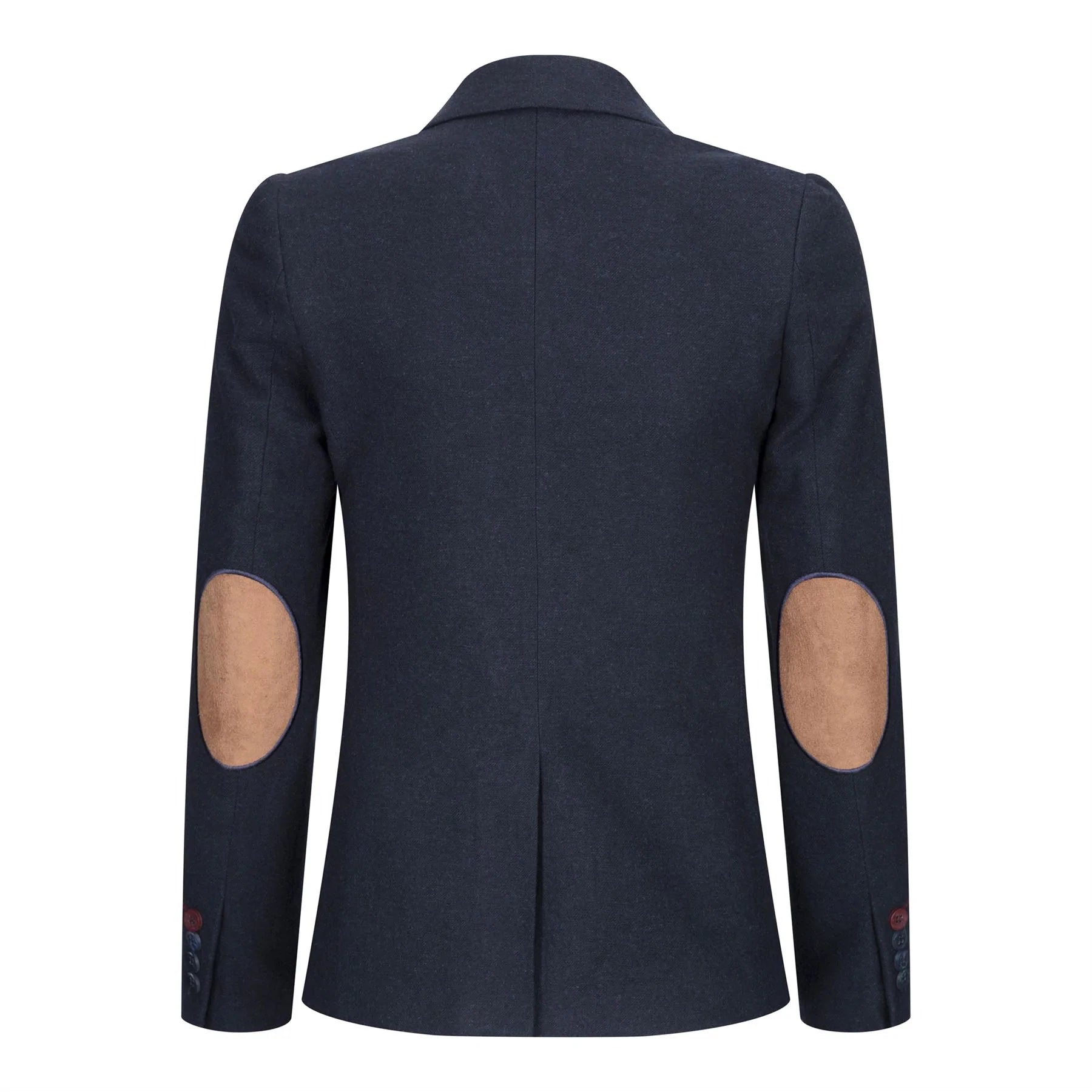 Blazer feminino clássico vintage dos anos 1920 em lã tweed com cotoveleiras, azul.