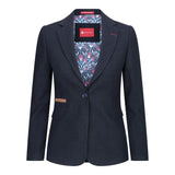 Blazer feminino clássico vintage dos anos 1920 em lã tweed com cotoveleiras, azul.