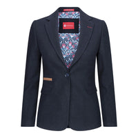 Blazer feminino clássico vintage dos anos 1920 em lã tweed com cotoveleiras, azul.