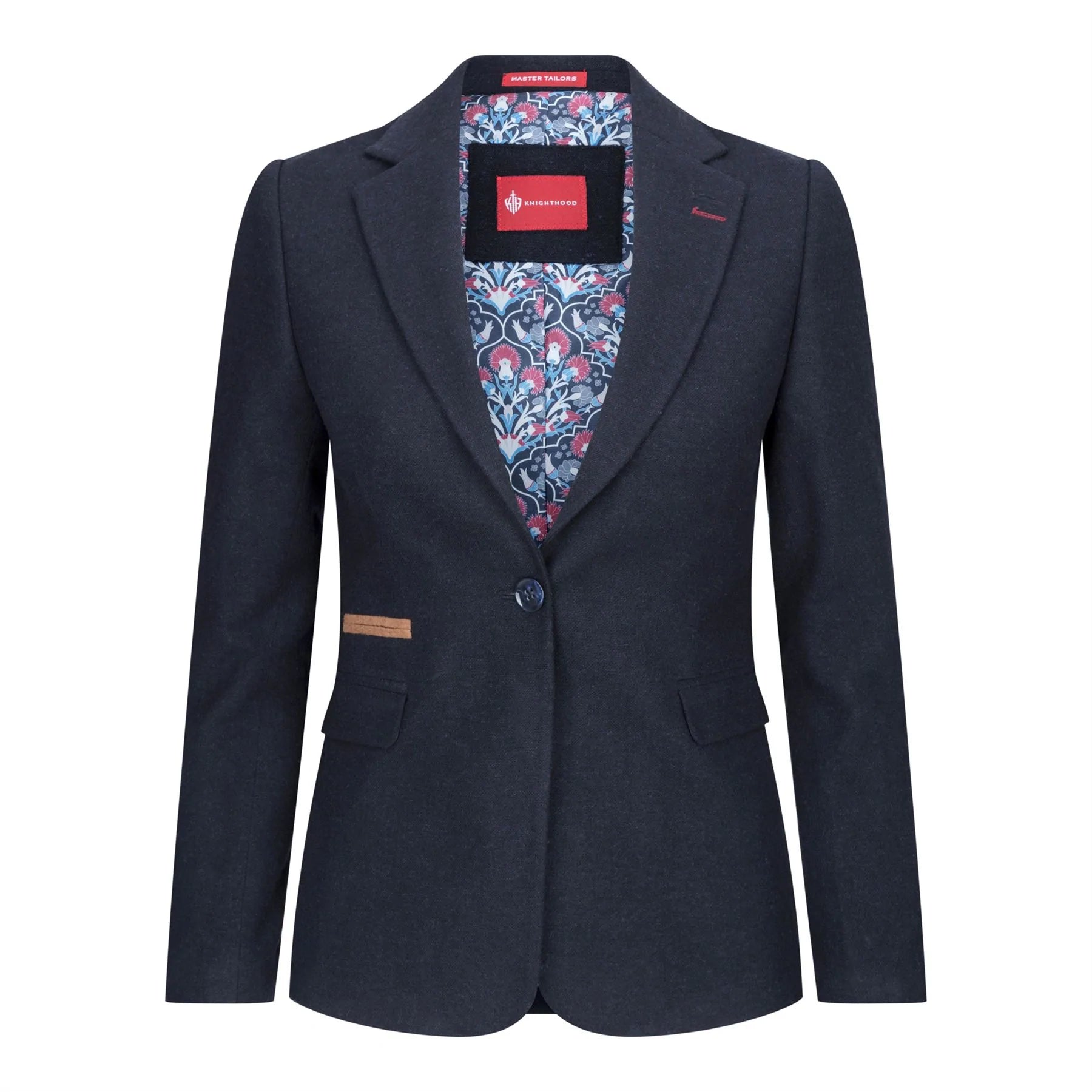 Blazer feminino clássico vintage dos anos 1920 em lã tweed com cotoveleiras, azul.