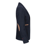 Blazer feminino clássico vintage dos anos 1920 em lã tweed com cotoveleiras, azul.