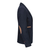Blazer feminino clássico vintage dos anos 1920 em lã tweed com cotoveleiras, azul.