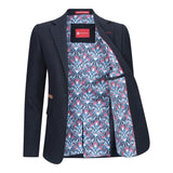 Blazer feminino clássico vintage dos anos 1920 em lã tweed com cotoveleiras, azul.
