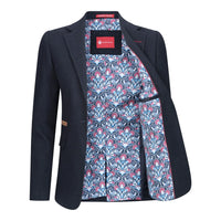 Blazer feminino clássico vintage dos anos 1920 em lã tweed com cotoveleiras, azul.