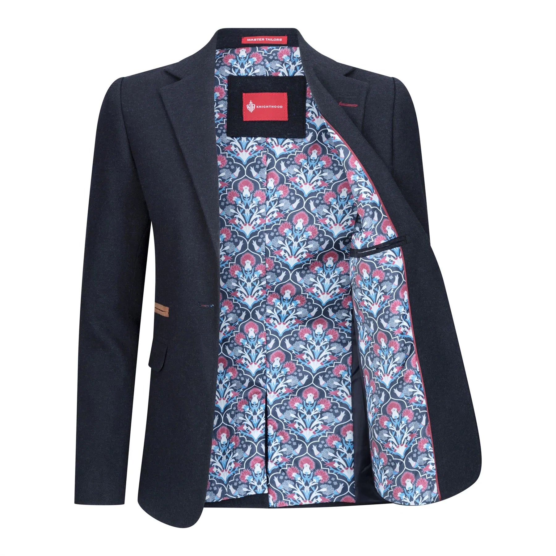 Blazer feminino clássico vintage dos anos 1920 em lã tweed com cotoveleiras, azul.