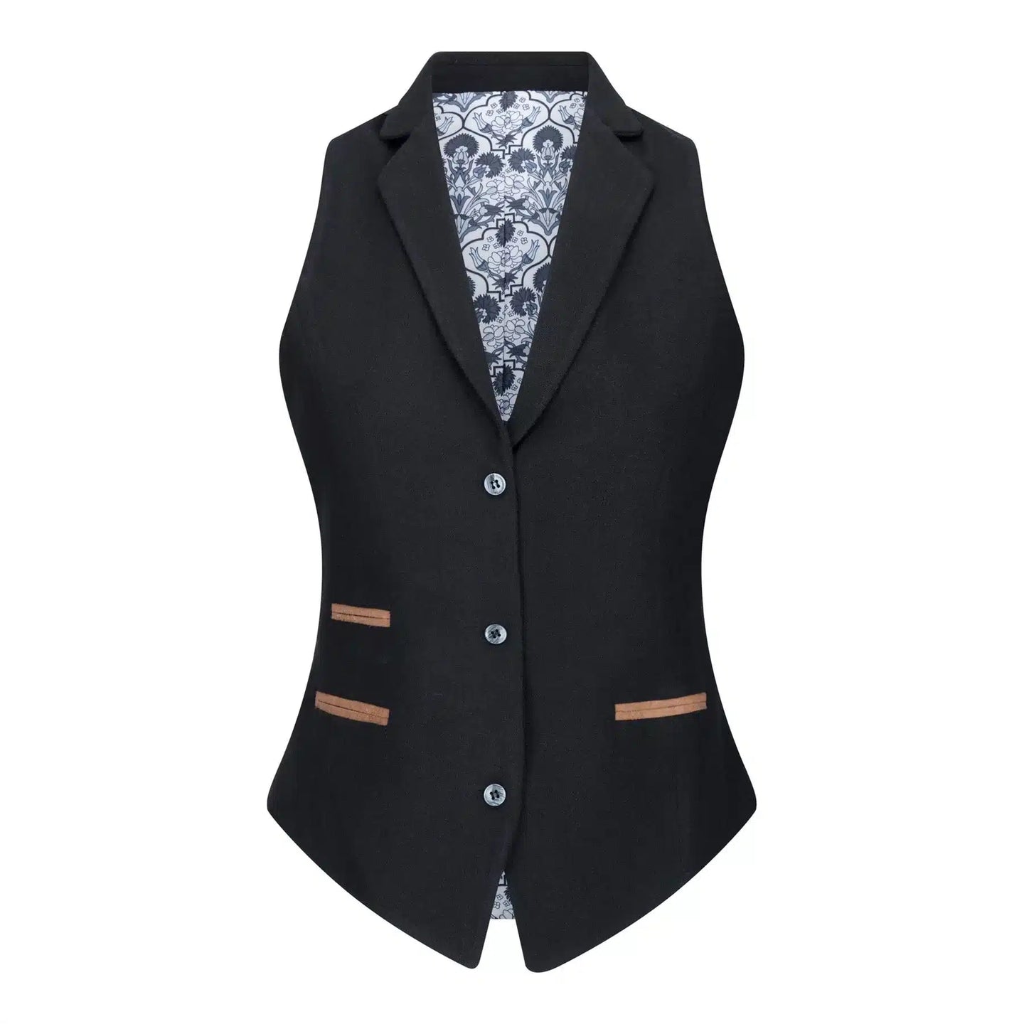 Conjunto feminino com colete em lã tweed, com cotoveleiras, estilo vintage clássico dos anos 1920, preto.