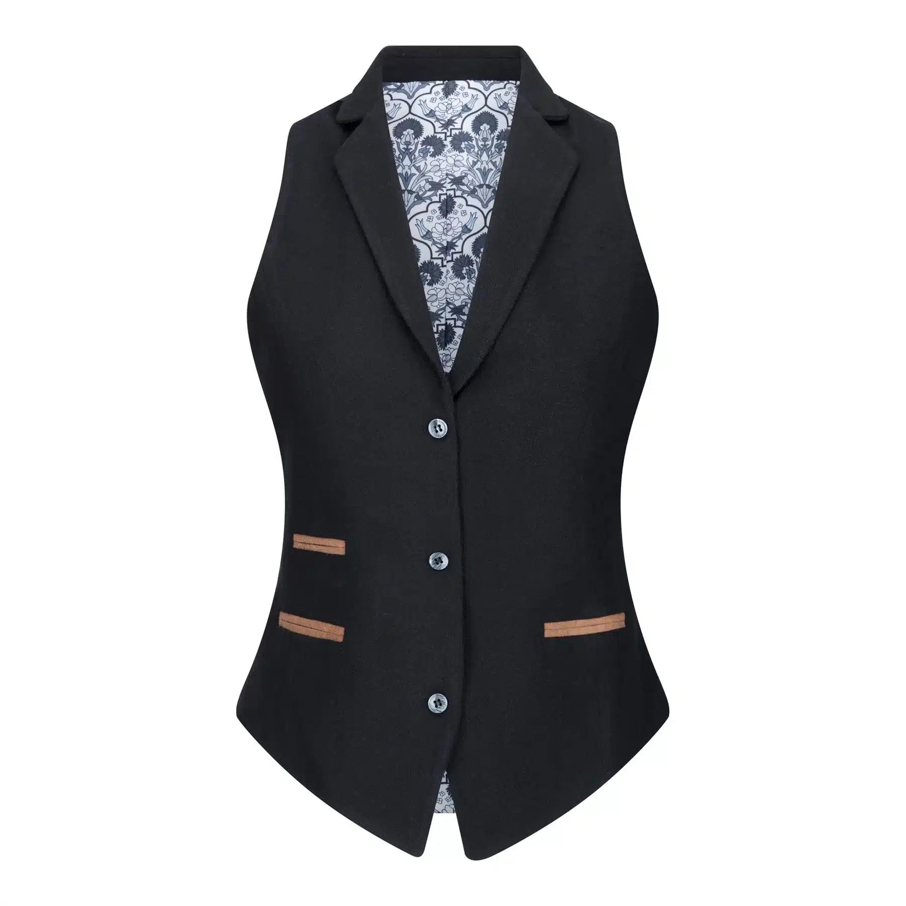 Conjunto feminino com colete em lã tweed, com cotoveleiras, estilo vintage clássico dos anos 1920, preto.