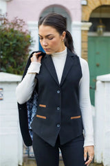 Conjunto feminino com colete em lã tweed, com cotoveleiras, estilo vintage clássico dos anos 1920, preto.