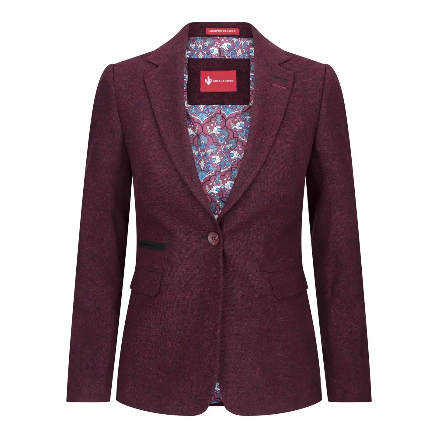 Blazer feminino de lã tweed com cotoveleiras, estilo vintage clássico dos anos 1920, na cor bordô.