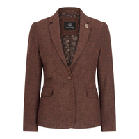 WS-12 - Blazer feminino de tweed com padrão espinha de peixe em lã marrom ferrugem