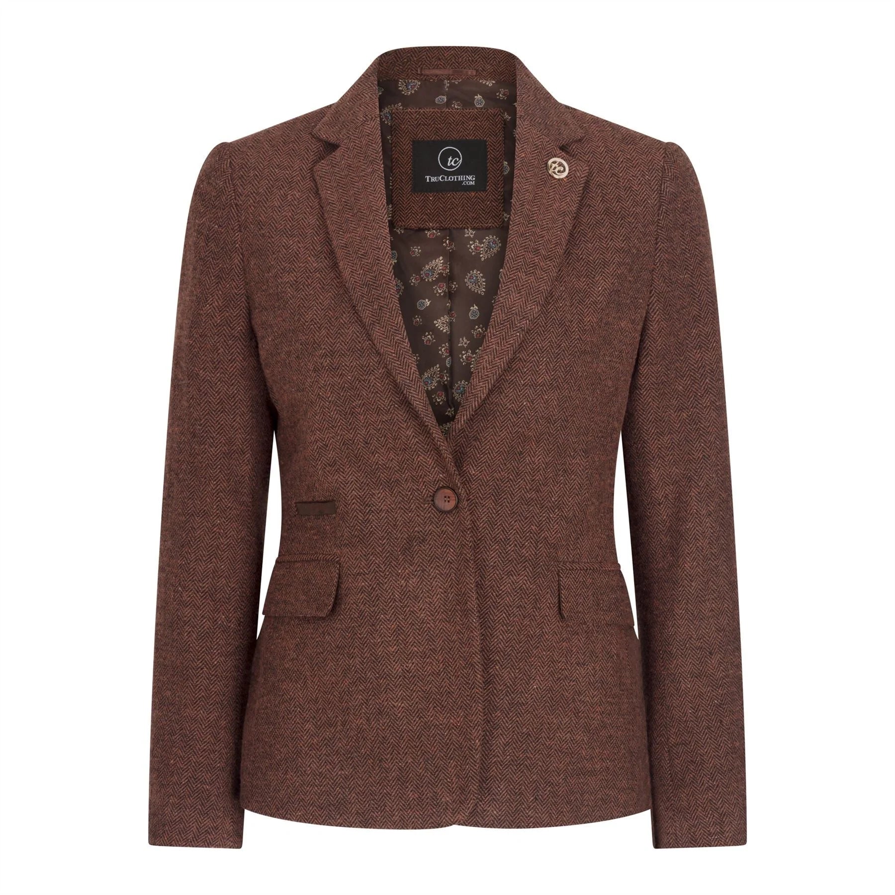 WS-12 - Blazer feminino de tweed com padrão espinha de peixe em lã marrom ferrugem