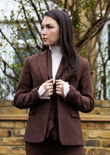 WS-12 - Blazer feminino de tweed com padrão espinha de peixe em lã marrom ferrugem