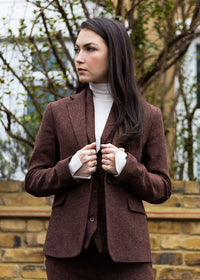 WS-12 - Blazer feminino de tweed com padrão espinha de peixe em lã marrom ferrugem