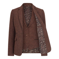 WS-12 - Blazer feminino de tweed com padrão espinha de peixe em lã marrom ferrugem