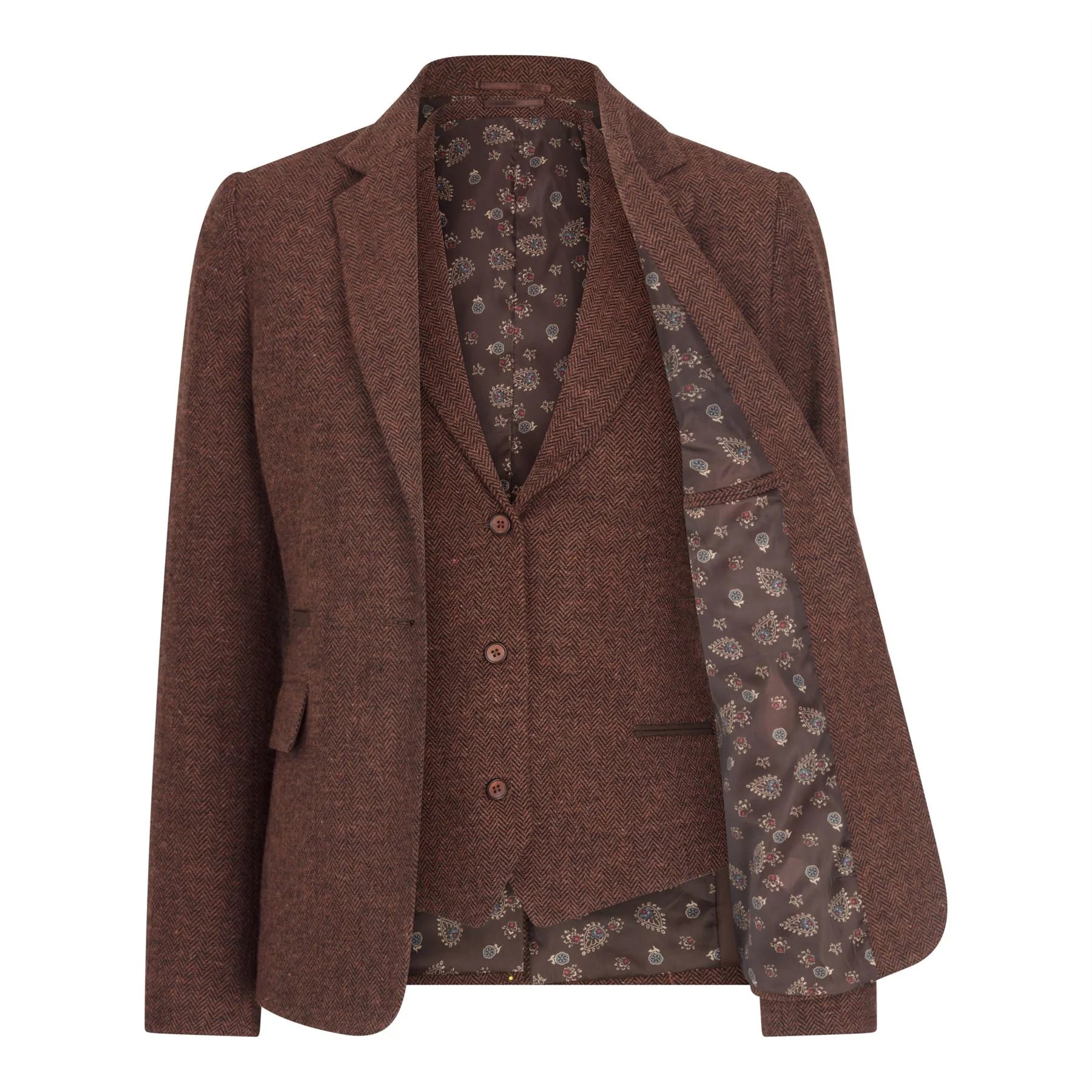 WS-12 - Blazer feminino de tweed com padrão espinha de peixe em lã marrom ferrugem