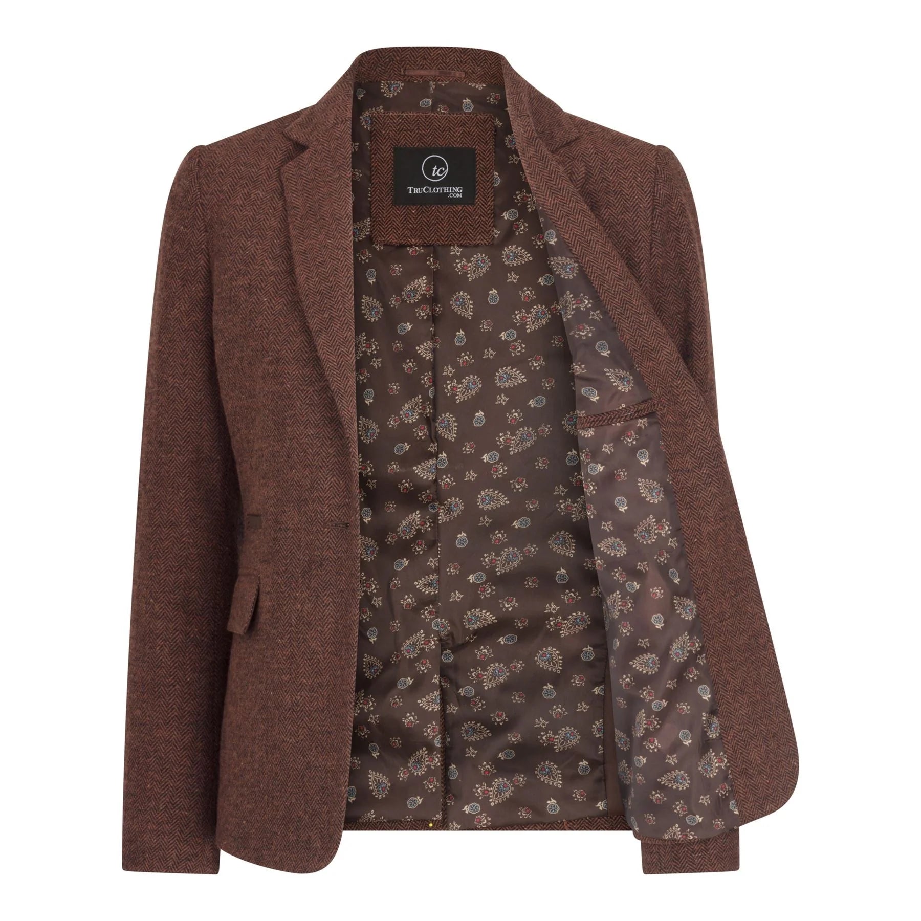 WS-12 - Blazer feminino de tweed com padrão espinha de peixe em lã marrom ferrugem