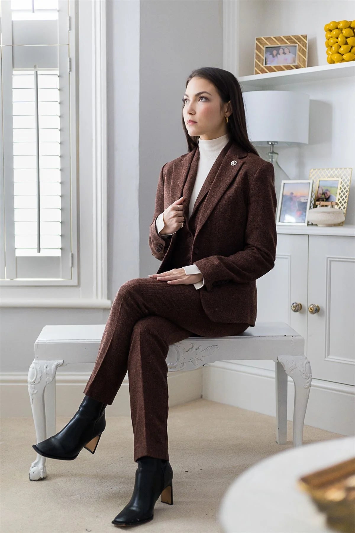 WS-12 - Blazer feminino de tweed com padrão espinha de peixe em lã marrom ferrugem