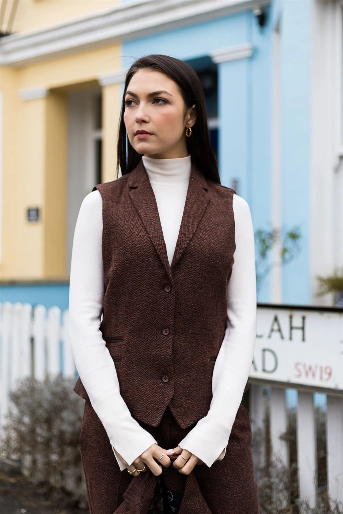WS-12 - Calças de alfaiataria femininas em tweed espinha de peixe, cor marrom ferrugem