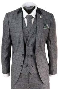 Terno masculino de 3 peças xadrez cinza e azul