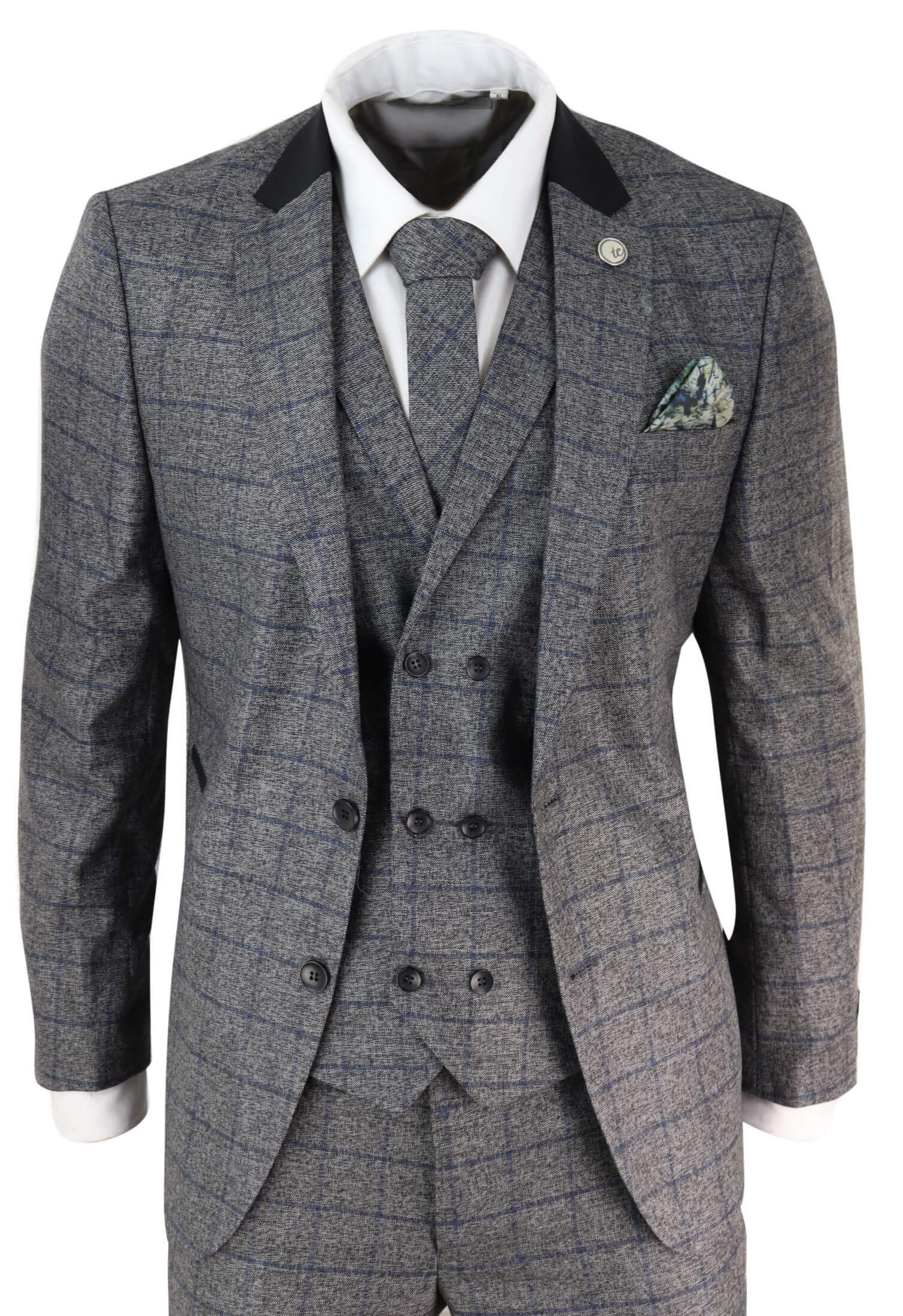 Terno masculino de 3 peças xadrez cinza e azul