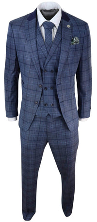 Terno masculino azul xadrez com corte sob medida