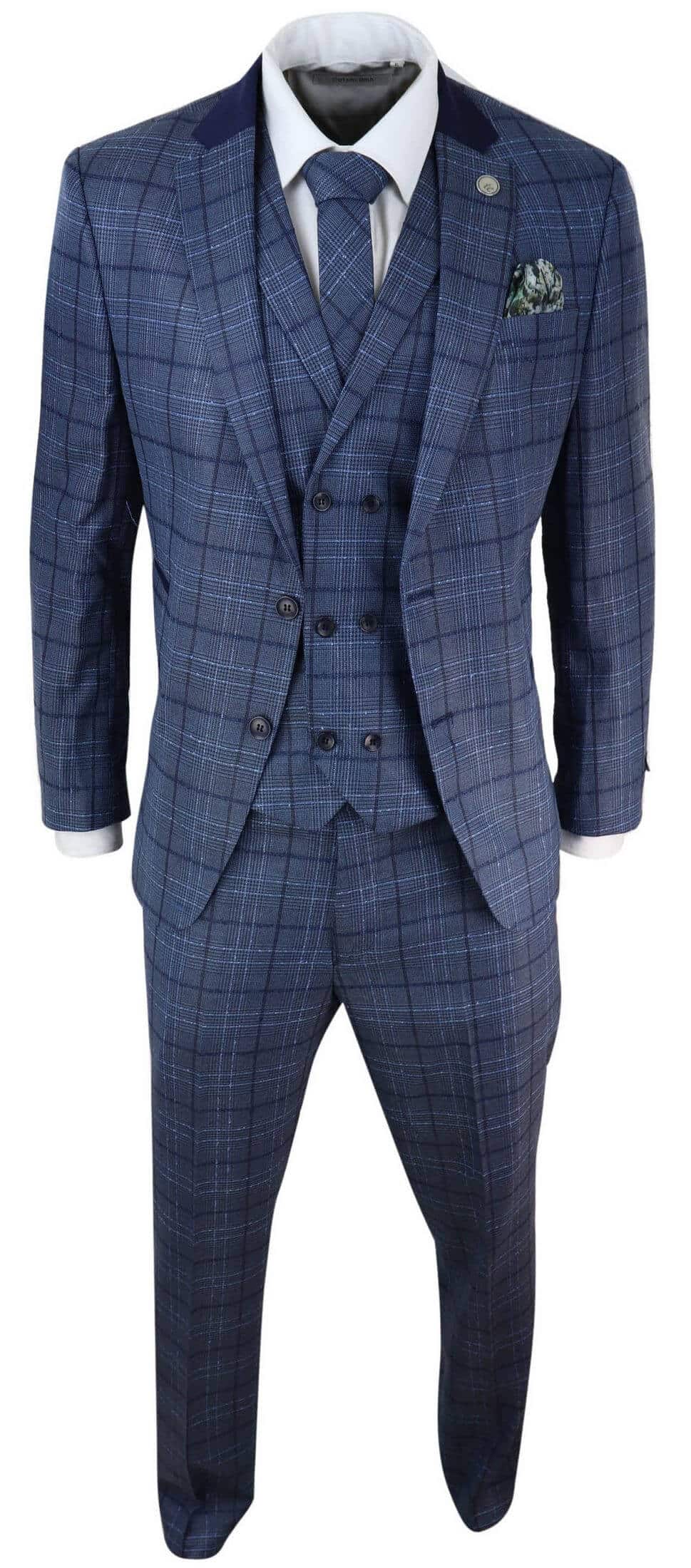 Terno masculino azul xadrez com corte sob medida