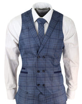 Terno masculino azul xadrez com corte sob medida