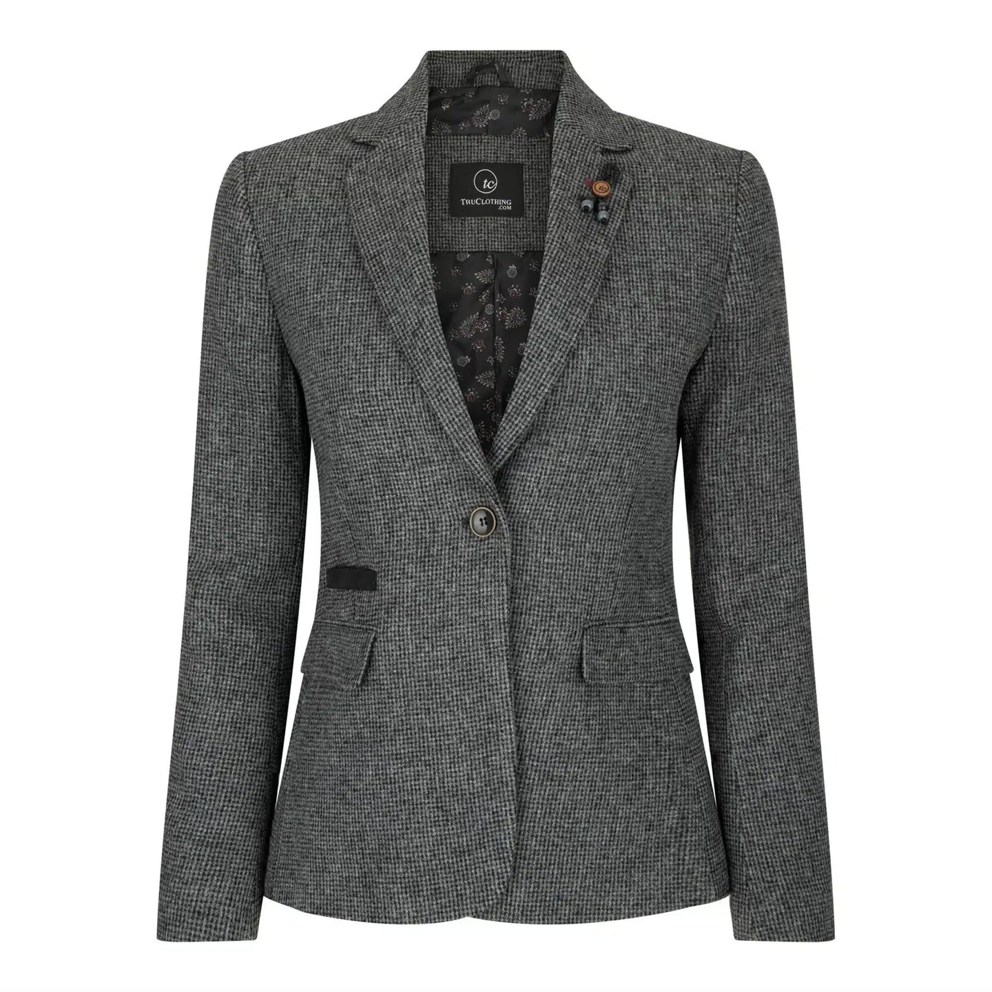 Blazer feminino cinza em tweed espinha de peixe, estilo anos 1920, corte sob medida, vintage retrô.