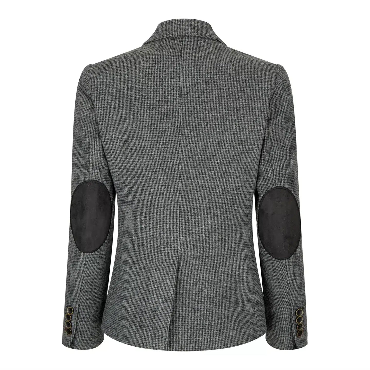 Blazer feminino cinza em tweed espinha de peixe, estilo anos 1920, corte sob medida, vintage retrô.