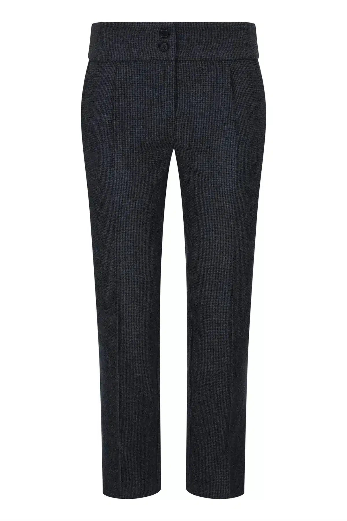 Calças femininas cinza em tweed espinha de peixe, estilo anos 1920, corte sob medida, vintage retrô.