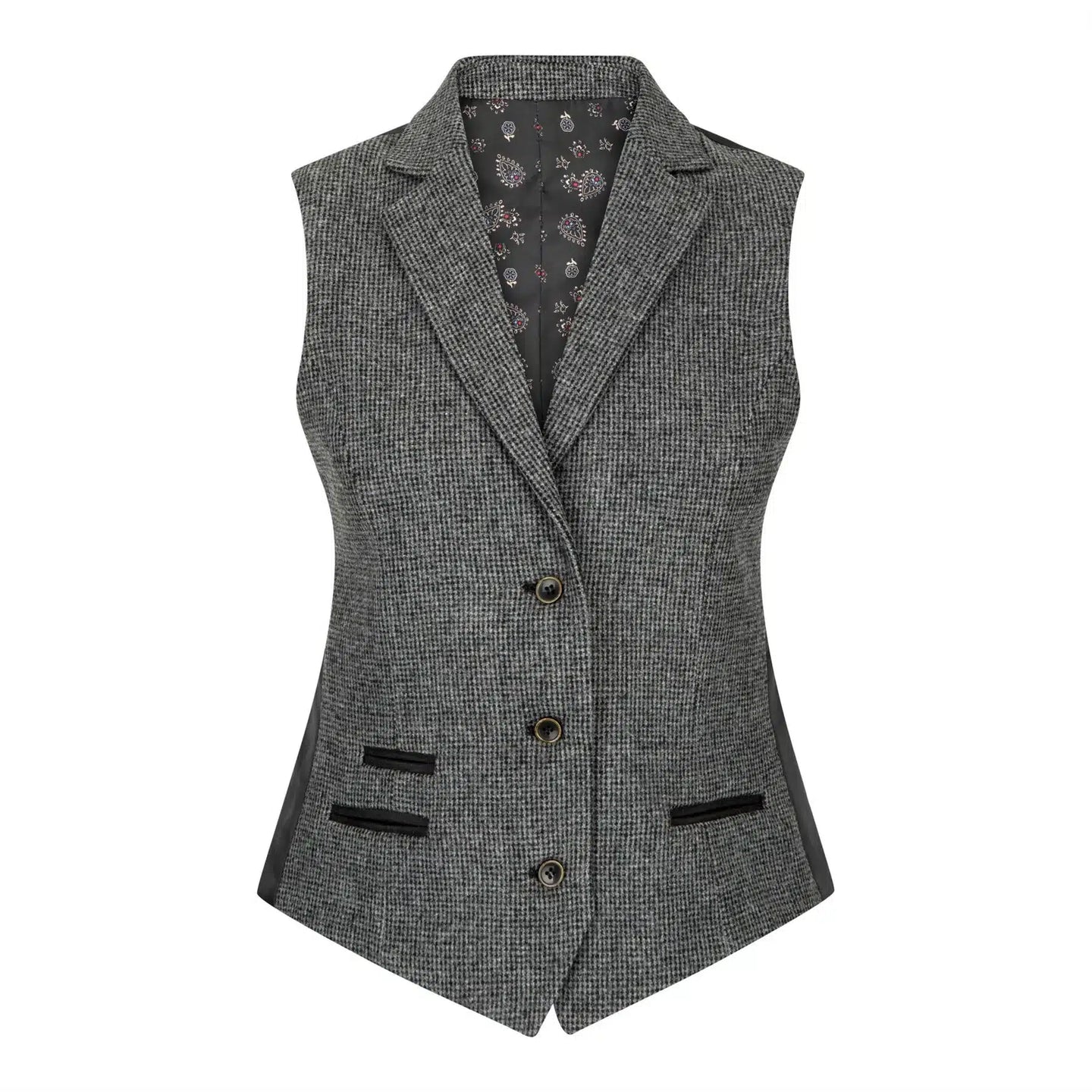 Colete feminino cinza em tweed espinha de peixe, estilo anos 1920, corte sob medida, vintage retrô.