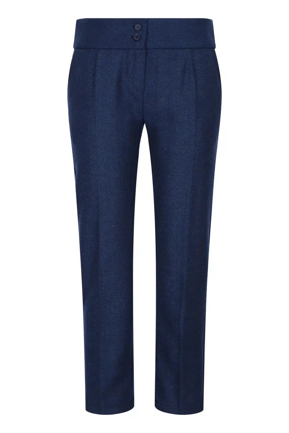 Calça feminina de tweed espinha de peixe azul marinho, estilo vintage clássico dos anos 1920, inspirada em Gatsby Blinders.