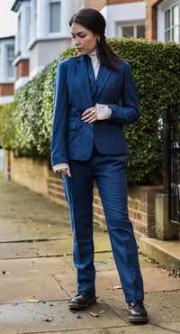 Calça feminina de tweed espinha de peixe azul marinho, estilo vintage clássico dos anos 1920, inspirada em Gatsby Blinders.