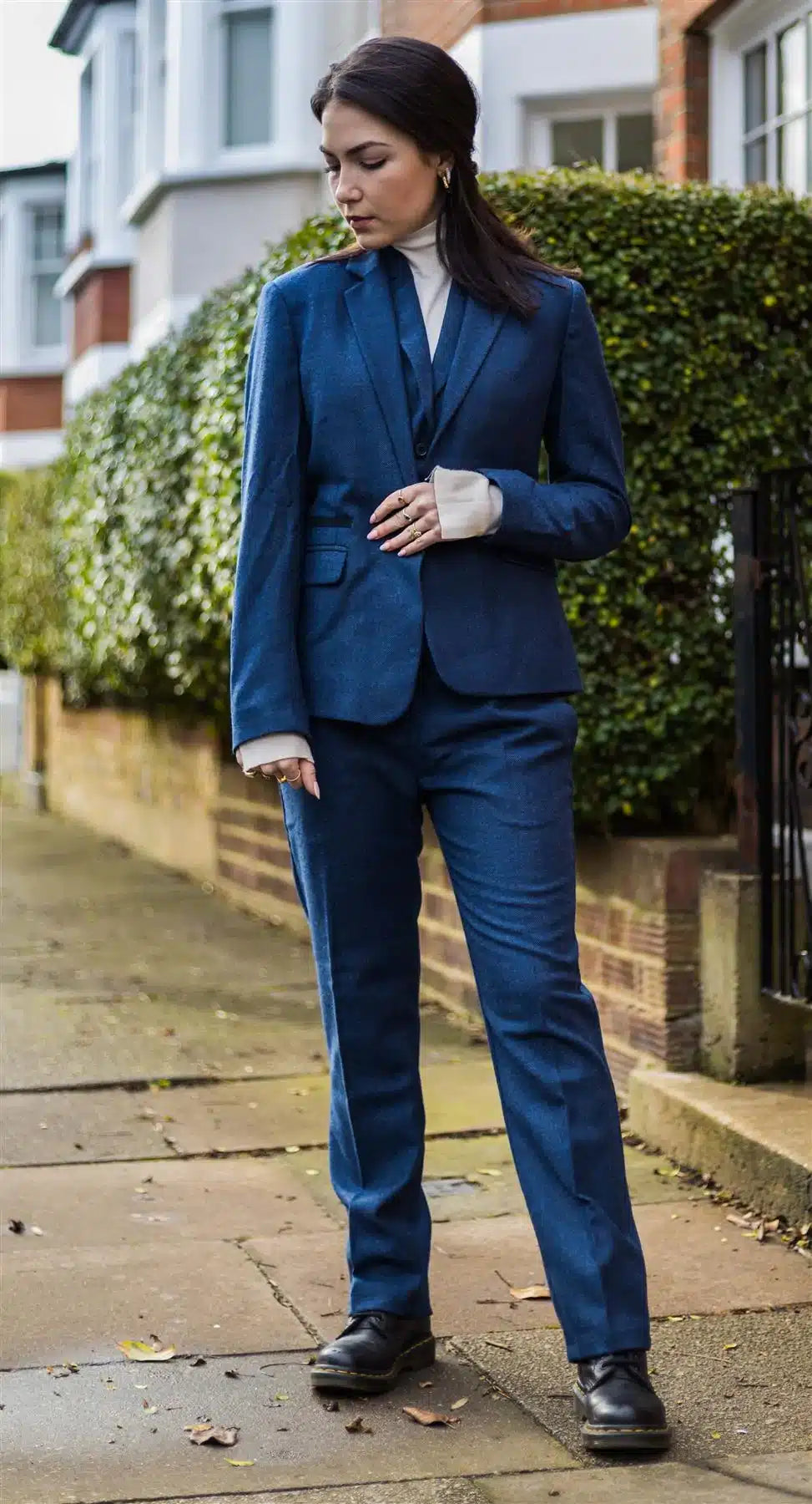 Calça feminina de tweed espinha de peixe azul marinho, estilo vintage clássico dos anos 1920, inspirada em Gatsby Blinders.