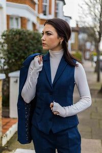 Colete feminino de tweed espinha de peixe azul marinho, estilo vintage clássico dos anos 1920, inspirado em Gatsby Blinders.