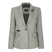 Blazer cinza com camisa estampada por baixo, sobre fundo branco.