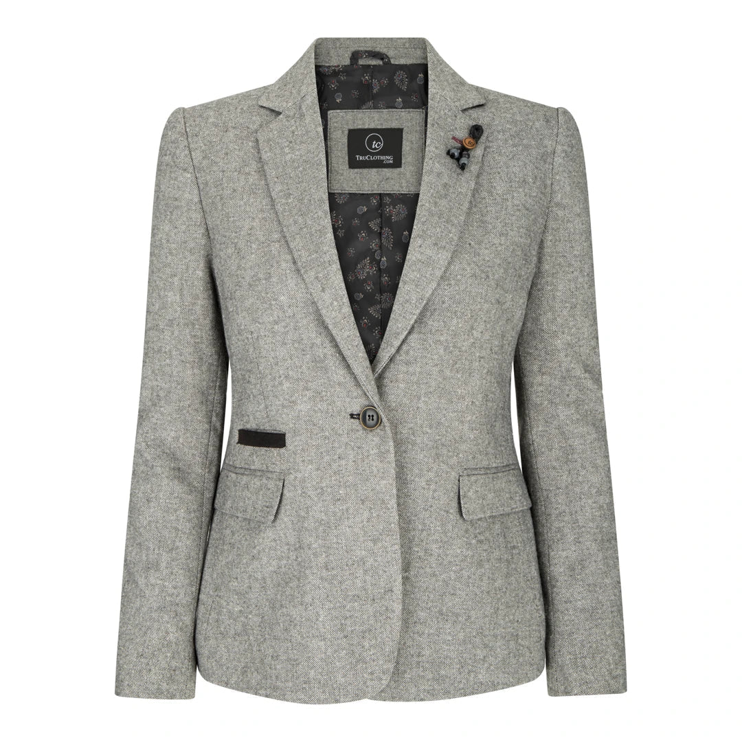 Blazer cinza com camisa estampada por baixo, sobre fundo branco.