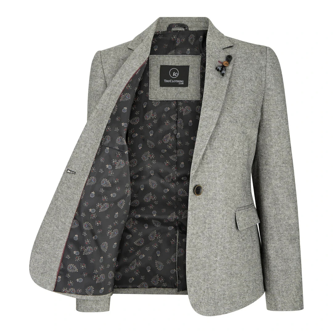 wsn03 - Blazer feminino cinza em tweed com patch Elow, estilo anos 1920