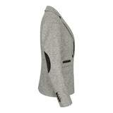 wsn03 - Blazer feminino cinza em tweed com patch Elow, estilo anos 1920