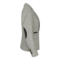 wsn03 - Blazer feminino cinza em tweed com patch Elow, estilo anos 1920